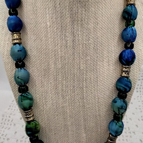Fabric Wrapped Bead Necklace in Blues and Greens with Silver Metal Spacers - Picture 3 of 5